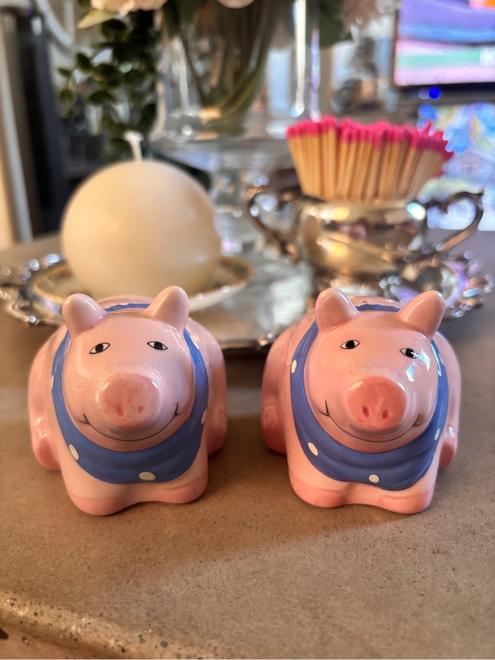Certified International Pink Pig Salt & Pepper Set with Blue Scarves